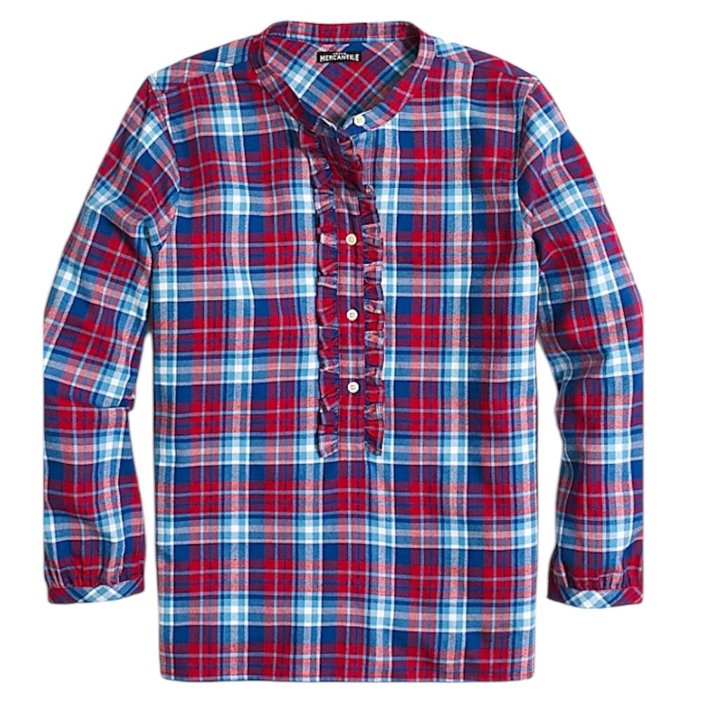 J. Crew Mercantile Flannel Plaid Popover Shirt Top Ruffle Blue Red Size XS